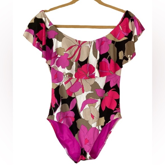 Trina Turk Other - Trina Turk Lynx pink and white one-piece off shoulder ruffle swimsuit size 10